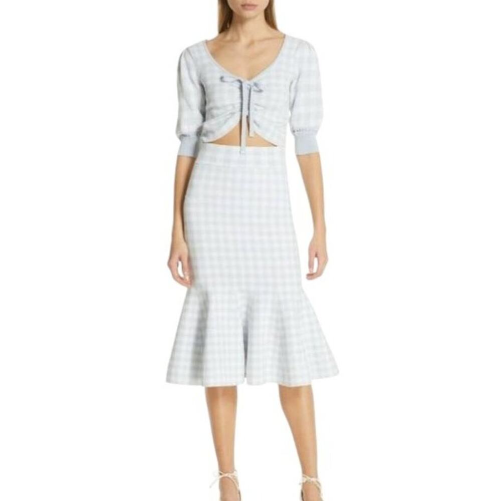 JONATHAN SIMKHAI 2 Piece Set  Ruched Gingham Crop Top & Trumpet Skirt  SZ M